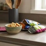 Why Some Packaged Foods Feel Hard to Stop Eating shown as a clean mobile health explainer graphic with simple everyday objects.