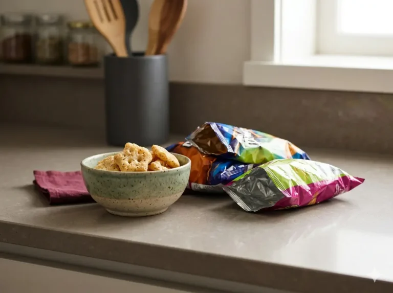 Why Some Packaged Foods Feel Hard to Stop Eating shown as a clean mobile health explainer graphic with simple everyday objects.