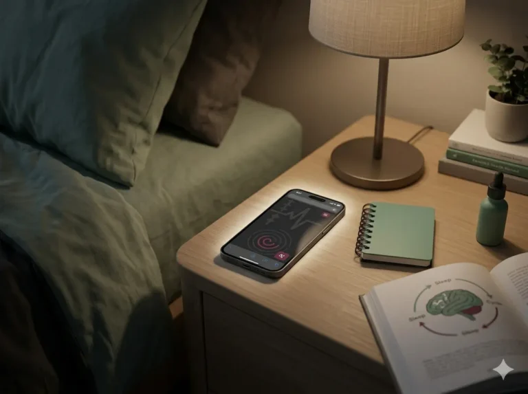 Why Phone Light at Night Can Fool Your Sleep Clock shown as a clean mobile health explainer graphic with simple everyday objects.