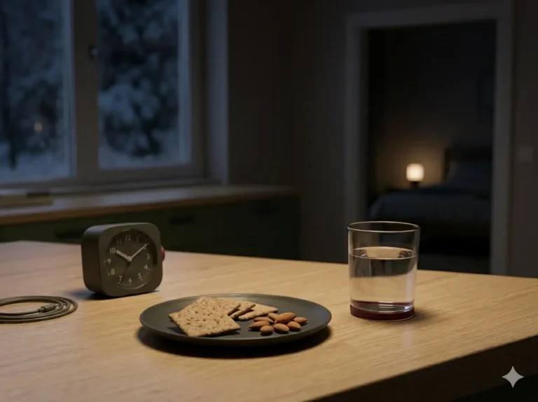 How Late Snacks Can Change the Way Sleep Feels shown as a clean mobile health explainer graphic with simple everyday objects.