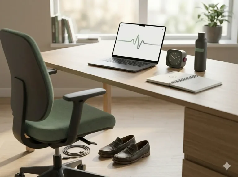 What Sitting All Day Quietly Does to Your Body shown as a clean mobile health explainer graphic with simple everyday objects.