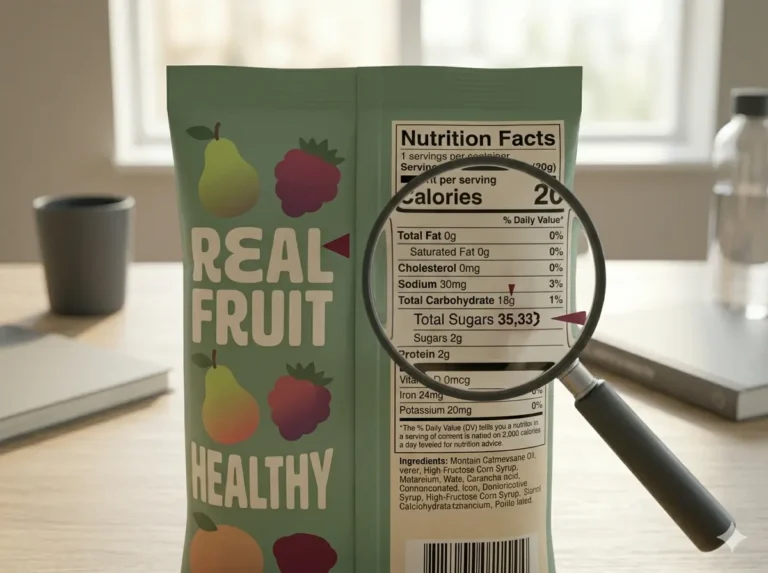 The Sugar Label Trick That Makes Snacks Look Healthier shown as a clean mobile health explainer graphic with simple everyday objects.
