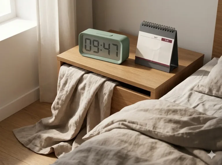 The Weekend Sleep Catch-Up Trap shown as a clean mobile health explainer graphic with simple everyday objects.