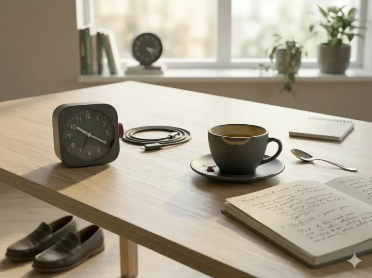 The Caffeine Timing Mistake Behind Afternoon Crashes shown as a clean mobile health explainer graphic with simple everyday objects.