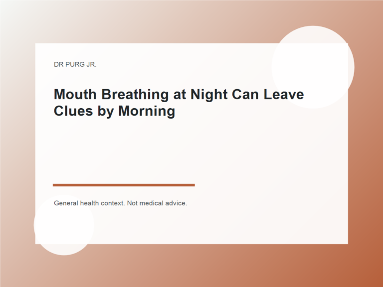 Mouth Breathing at Night Can Leave Clues by Morning shown as a clean mobile health explainer graphic with simple everyday objects.