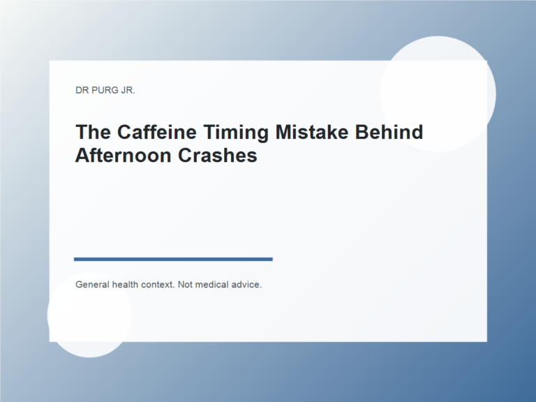 The Caffeine Timing Mistake Behind Afternoon Crashes shown as a clean mobile health explainer graphic with simple everyday objects.
