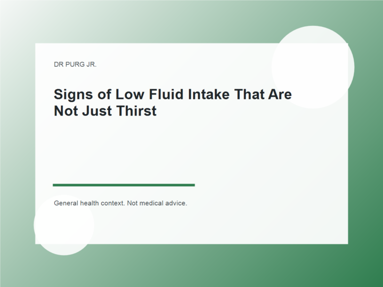 Signs of Low Fluid Intake That Are Not Just Thirst shown as a clean mobile health explainer graphic with simple everyday objects.