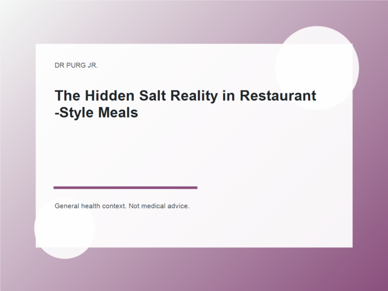 The Hidden Salt Reality in Restaurant-Style Meals shown as a clean mobile health explainer graphic with simple everyday objects.