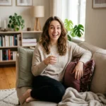 Person sitting on a cozy couch holding a glass of water, looking calm and slightly amused