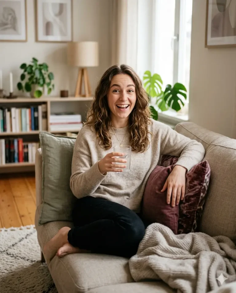 Person sitting on a cozy couch holding a glass of water, looking calm and slightly amused